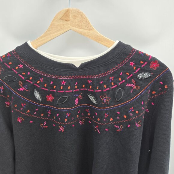 Vintage Koret Black 80s Embroidered Grandma Knit Sweater M/L - Picture 2 of 7